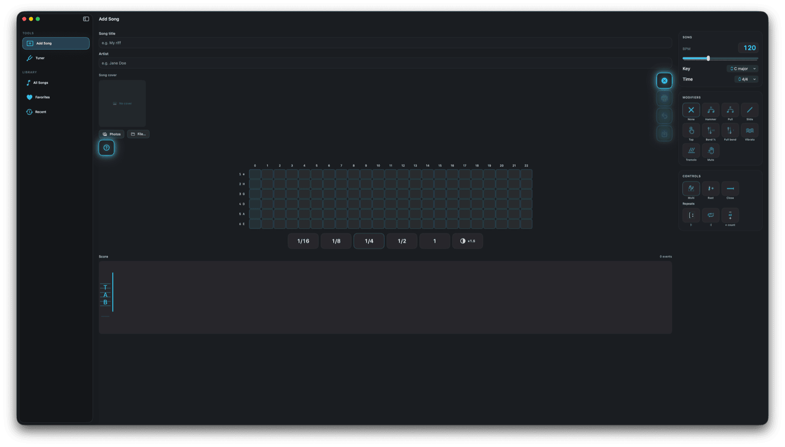JamMind composer on Mac: fretboard grid, tab score, song settings and guitar techniques
