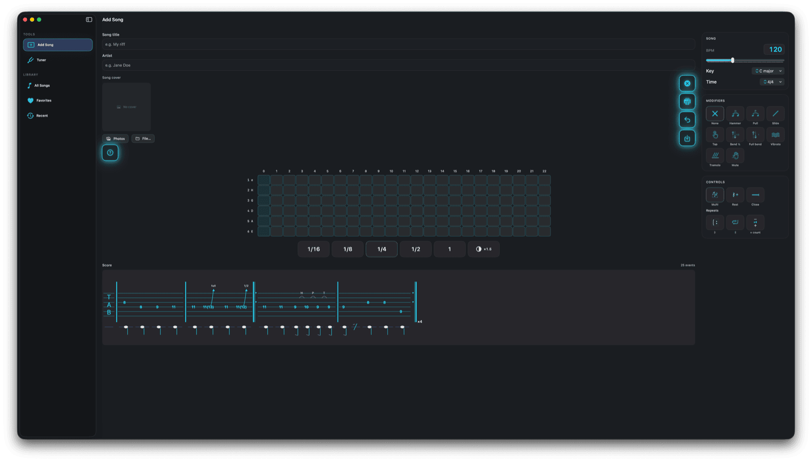 Tab score with hammer-ons, pull-offs and bends