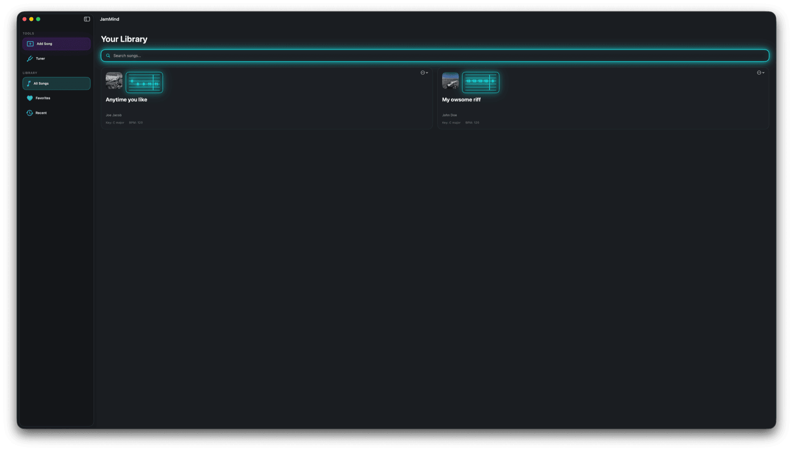 Song library with search and tab previews